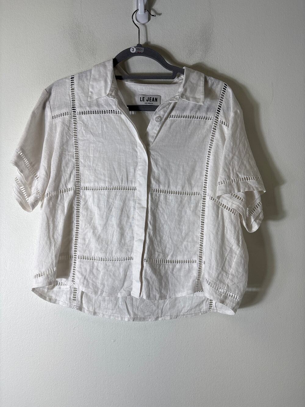 Le Jean White Short Sleeve Button Up Collared Shirt Sz M